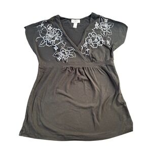 Ann Taylor Loft Black Floral Embroidered Sequin Empire Waist Wrap Top Womens M